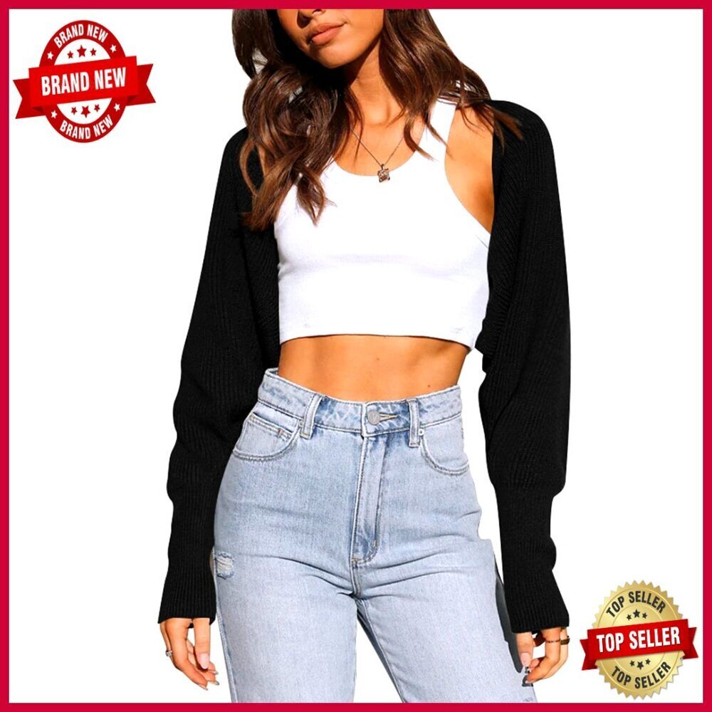 Cropped Cardigan Batwing Sleeve Open Front Ribbed Knit Sweater Shrug